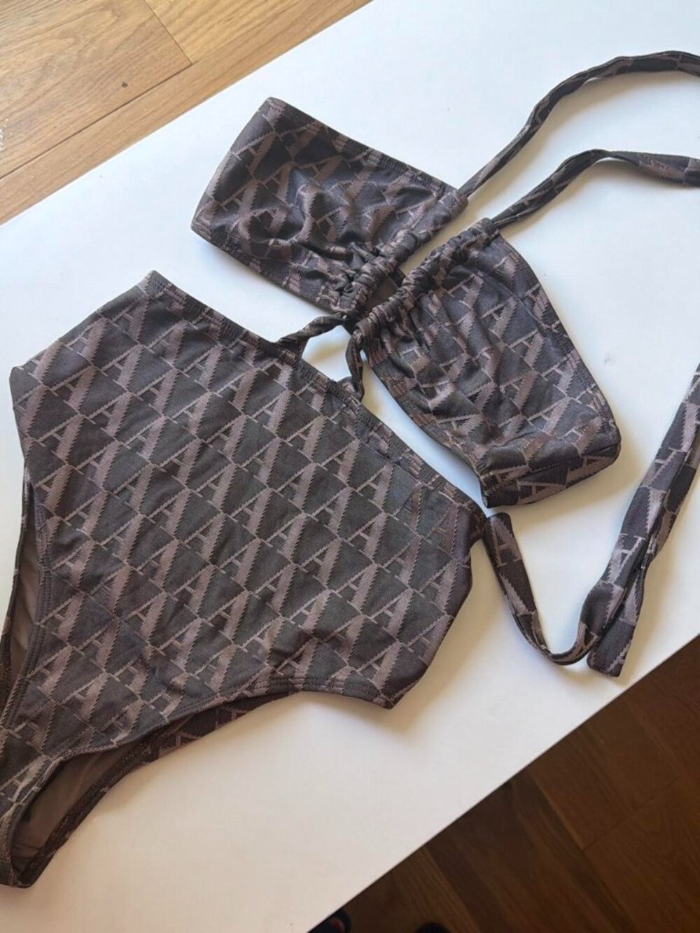 Gray and brown geometric triangle pattern bikini set